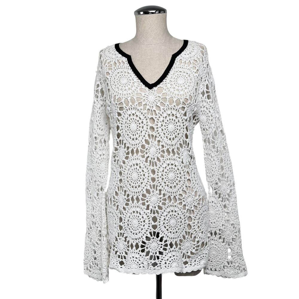 INC International Concepts White Crochet V-Neck Boho Summer Tunic Top Resort